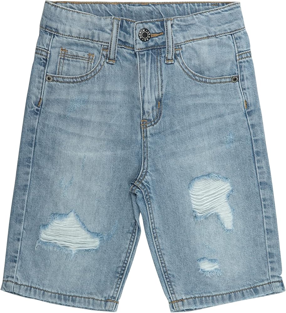 KIDSCOOL SPACE Boys Summer Denim Shorts, Ripped Holes Soft Elastic Band Inside Half Jean Pants