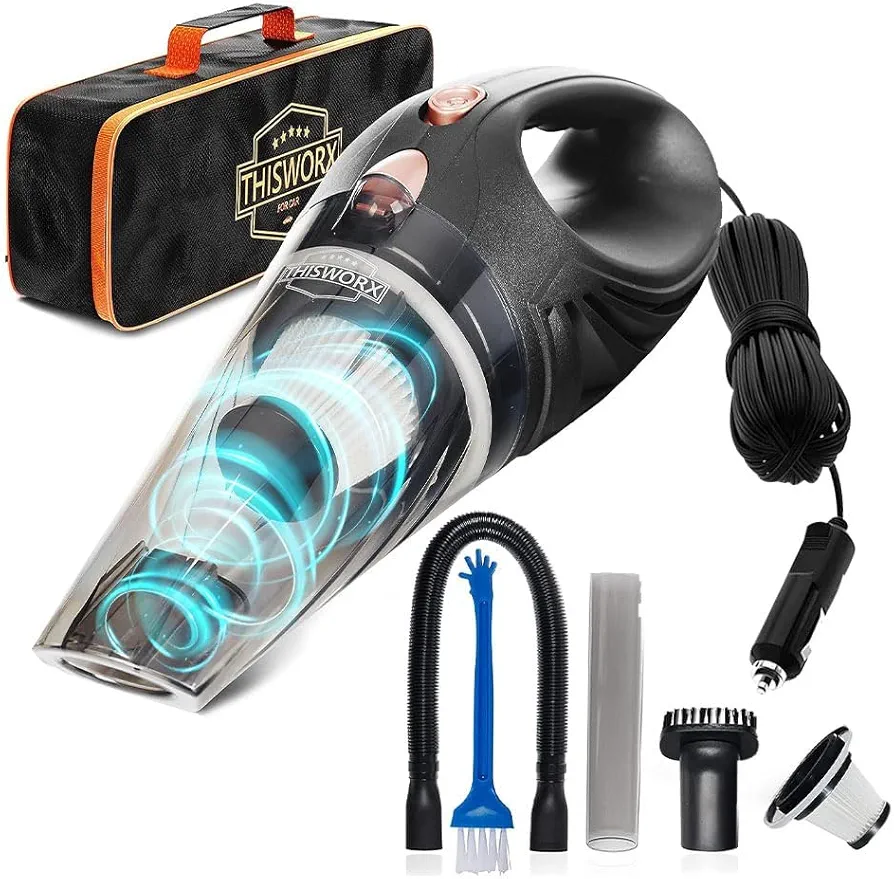 ThisWorx Car Vacuum Cleaner - Portable Handheld Mini Vacuum Cleaner W/ 16ft Cord, Bag, & Attachments - Small Vacuum for Car, RV, Boats, Travel - Car Accessories