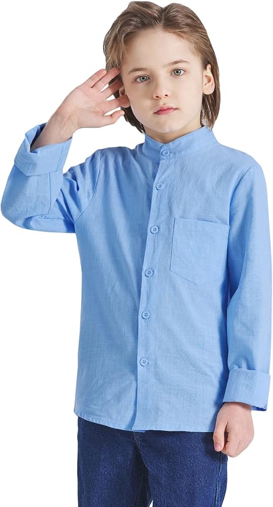 Boys Button Down Shirt Long Sleeve Casual Cotton Linen Kids Dress Shirts Tees Summer Tops with One Pocket