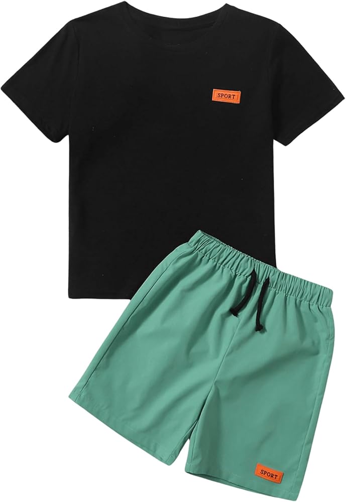 Boy's 2 Piece Outfit Casual Letter Short Sleeve Crewneck T Shirt and Drawstring Track Shorts Set