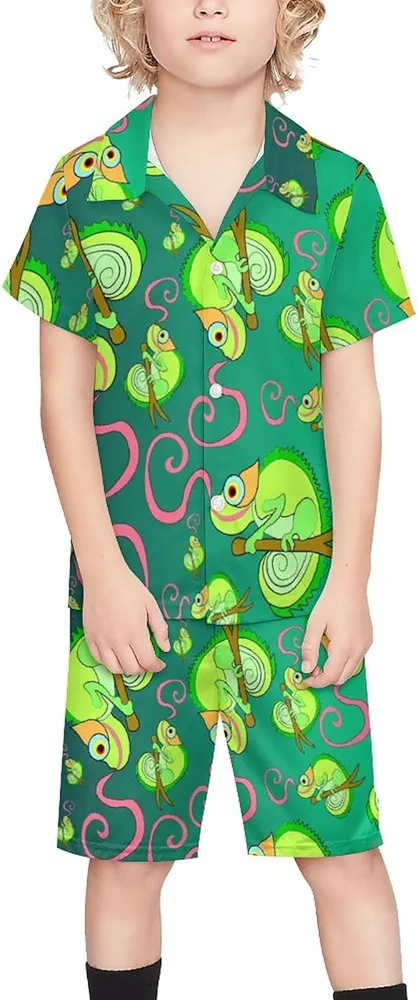 Green Chameleons with Their Tongues Boy's Beach Suit Set Hawaiian Shirts and Shorts Short Sleeve 2 Piece Funny