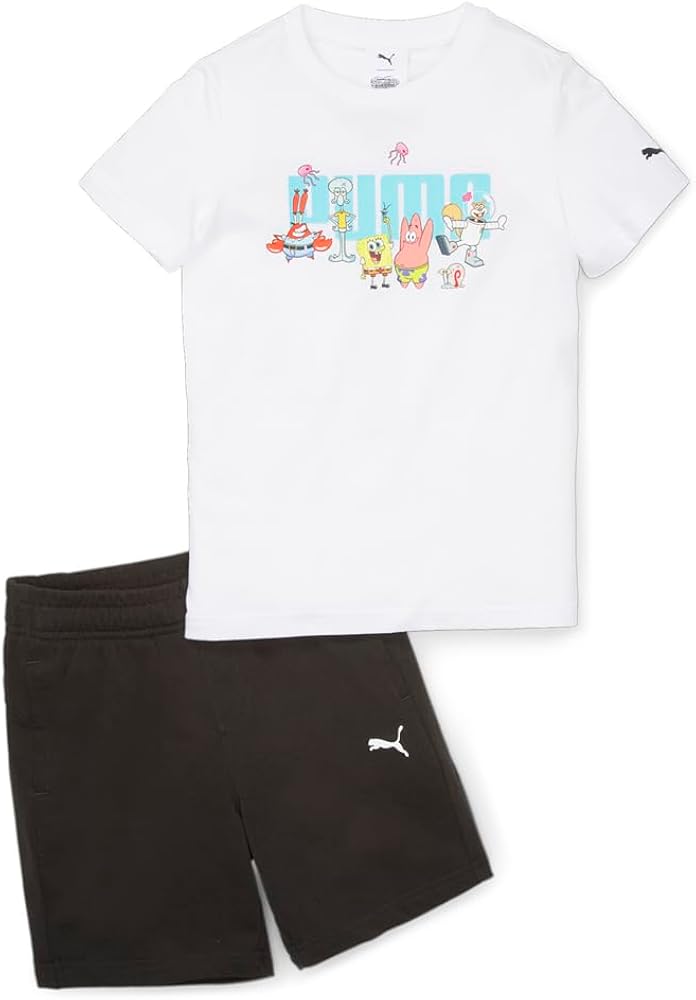 PUMA Kids Boys Two-Piece Crew Neck Short Sleeve & Shorts Set X Sponge Athletic Tops Casual Shorts Drawstring - Black, White