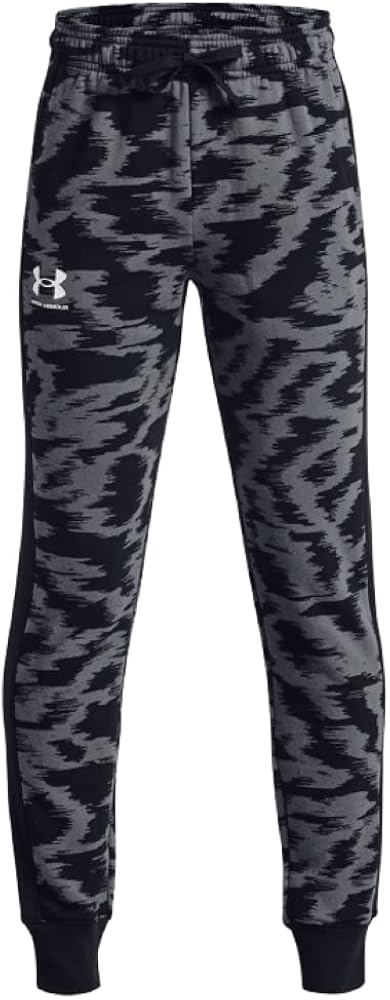 Under Armour Boys' UA Rival Printed Tappered Leg Ribbed Cuffs Joggers Sweatpants (Medium) Black/Gray