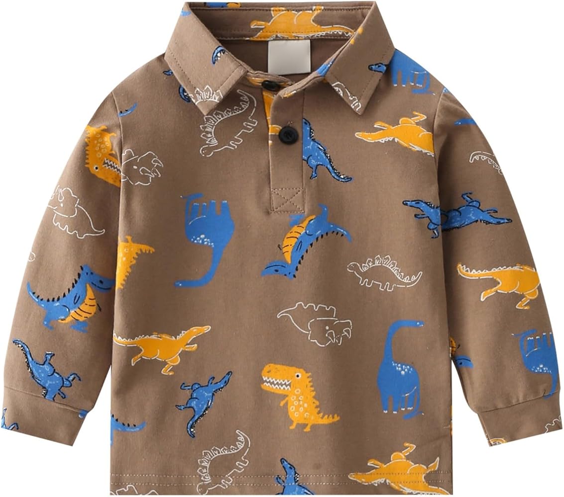 KAGAYD Kids Boys Dinosaur Print Lapel Pullover Shirt Spring Long Sleeve Tops School Daily Tee Shirts