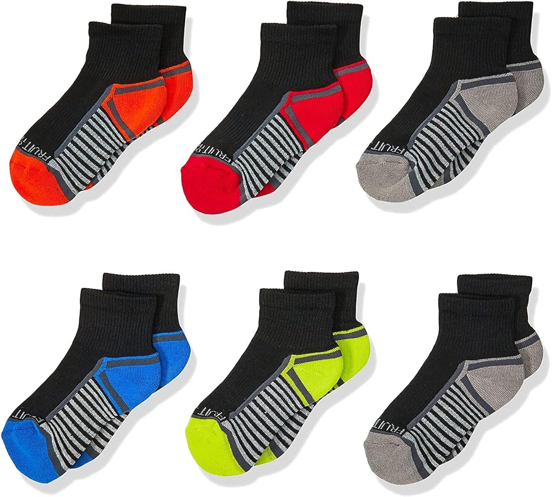 Fruit of the Loom Boys 6 Pack Ankle Socks, Black Assorted, 9-2.5