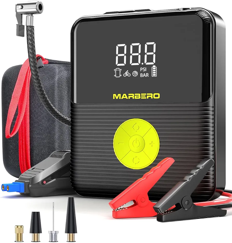 Portable Car Jump Starter with Air Compressor 3500A MARBERO 12V Portable Car Battery Booster Pack 8.0 Gas/7.0L Diesel 150PSI Digital Tire Inflator Jump Box with Digital Screen, Flashlights, Power Bank