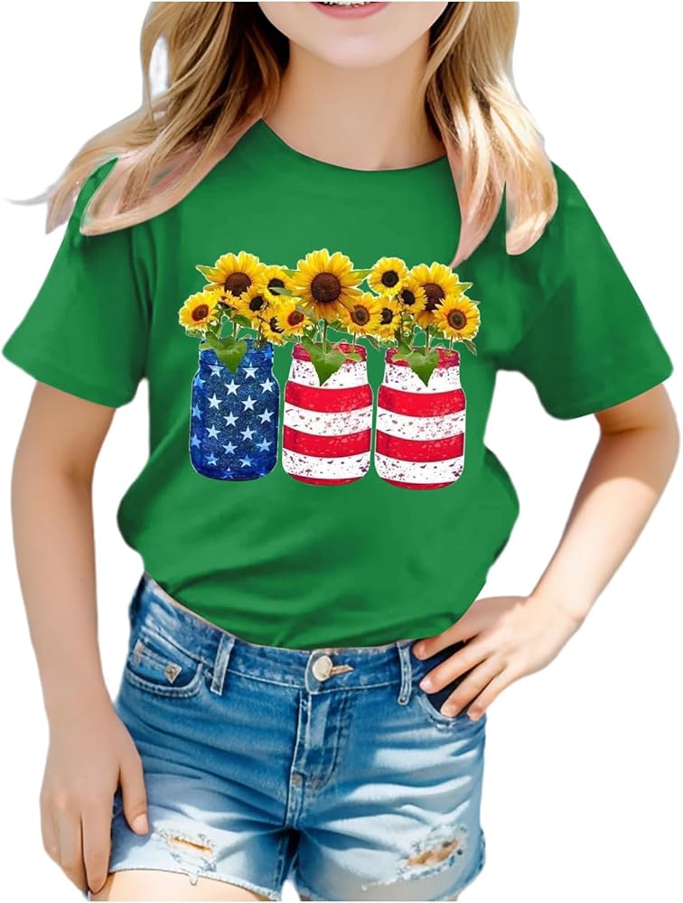 4th of July Outfits for Girls Boys Patriotic Print Funny T-Shirt Fashion Short Sleeve Round Neck Independence Day Tops Tees 3-10 Years,American Flag Shirts for Boys,4Th of July Shirts Boys