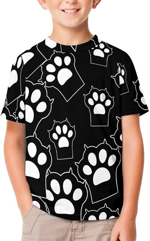 Big Black Cat Paw Funny Short Sleeve T-Shirt Tops Crew Neck Shirts Printed Summer Tees for Boys Girls