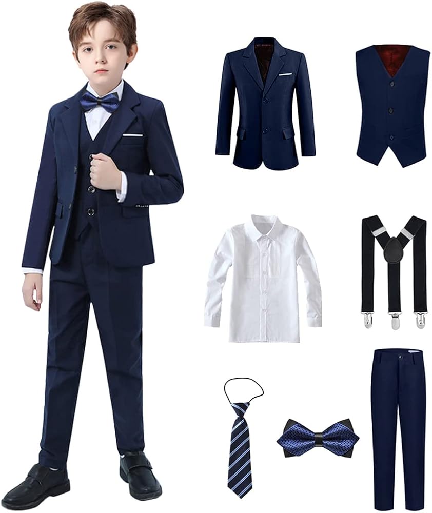 Boys Suits Black Suit for Boy Slim Fit Formal Toddler Kids 7Pcs Vest Dress Pants Blazer Ring Bearer Outfit with Accessory