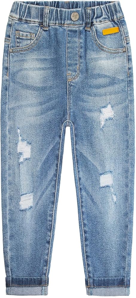 KIDSCOOL SPACE Girls Elastic Waist Slim Jeans,Ripped Fashion Simple Denim Pants