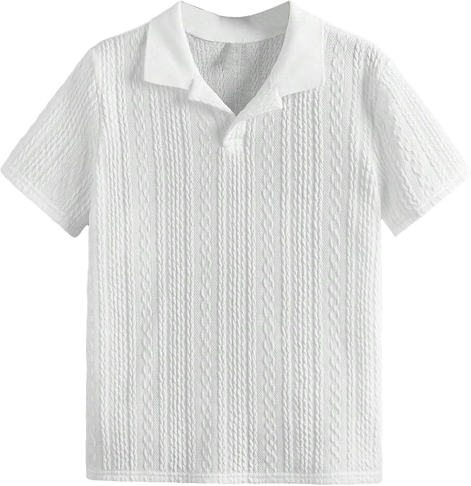 OYOANGLE Boy's Short Sleeve Collar Neck Cable Knitted Solid Plain Golf Uniform Shirt