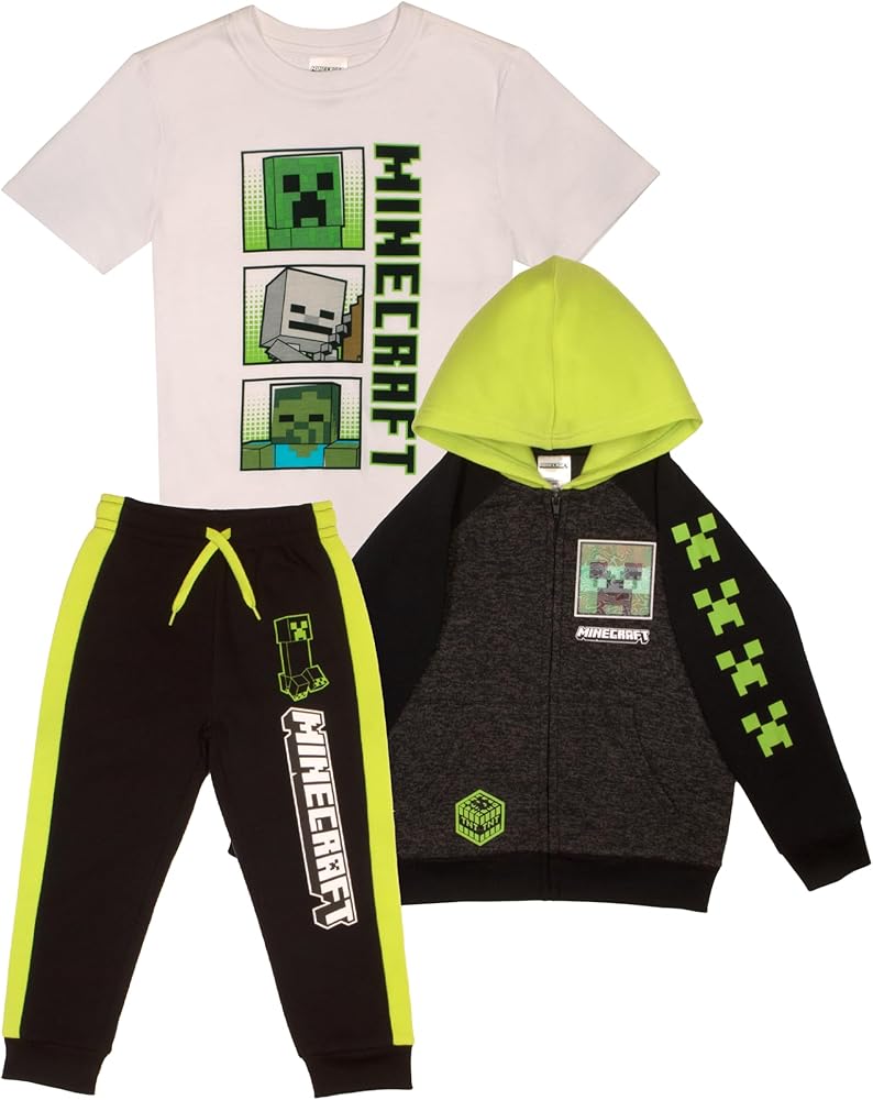 Minecraft Creeper Boys 3-Piece Bundle Set, Zip up Fashion Hoodie, Short Sleeve T-Shirt, and Jogger Sweatpants