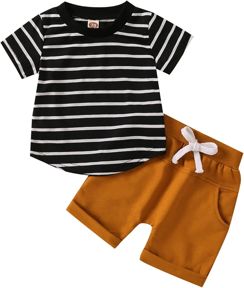 Toddler Boys Summer Short Sleeve Striped Prints Tops Shorts 2PCS Outfits Clothes Set for Children (Black, 2-3 Years)