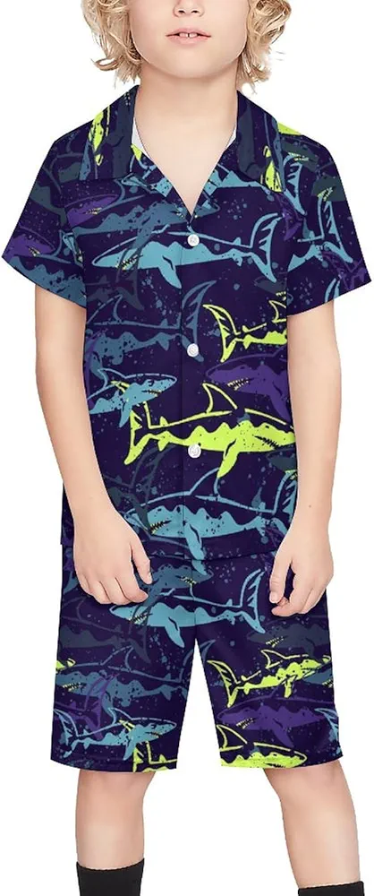 Fashion Style Sharks Boy's Beach Suit Set Hawaiian Shirts and Shorts Short Sleeve 2 Piece Funny