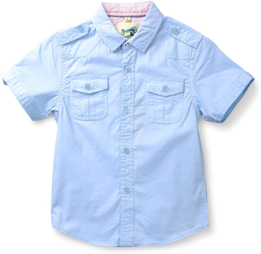 Boys Mens Short Sleeve Button Down Shirt Casual Cotton Collared Dress Top Two Pocket 12Months-XXL