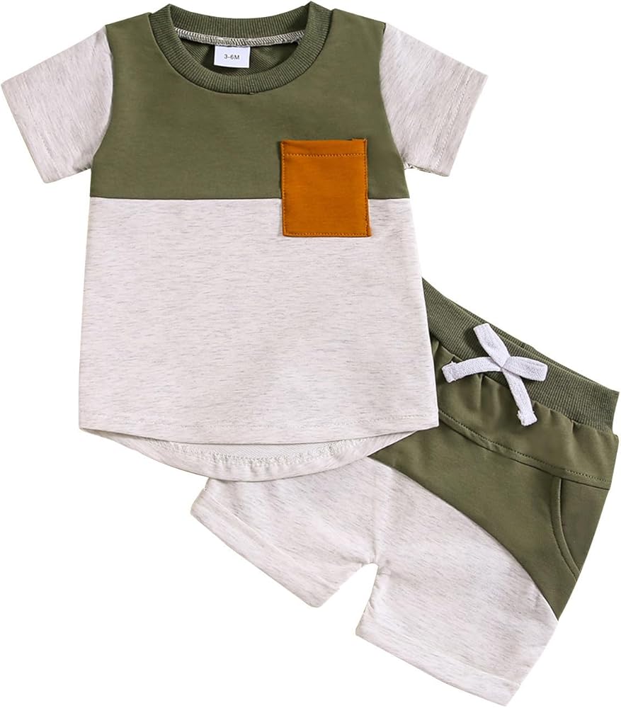 Toddler Boy Summer Clothes 2 Piece Crew Neck Shirt Elastic Waist Shorts Set Pockets Block Color Girl Boys' Short Sets