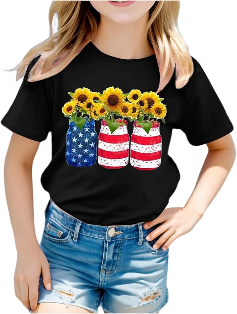 Boys Girls 4th of July Toddler Tees 3D Graphic Printed Tees Shirt Classic Short Sleeve Crewneck Independence Day Tops Tees 3-10 Years,Toddler July 4Th Outfit Boy,Fourth of July Outfits for Kids Black