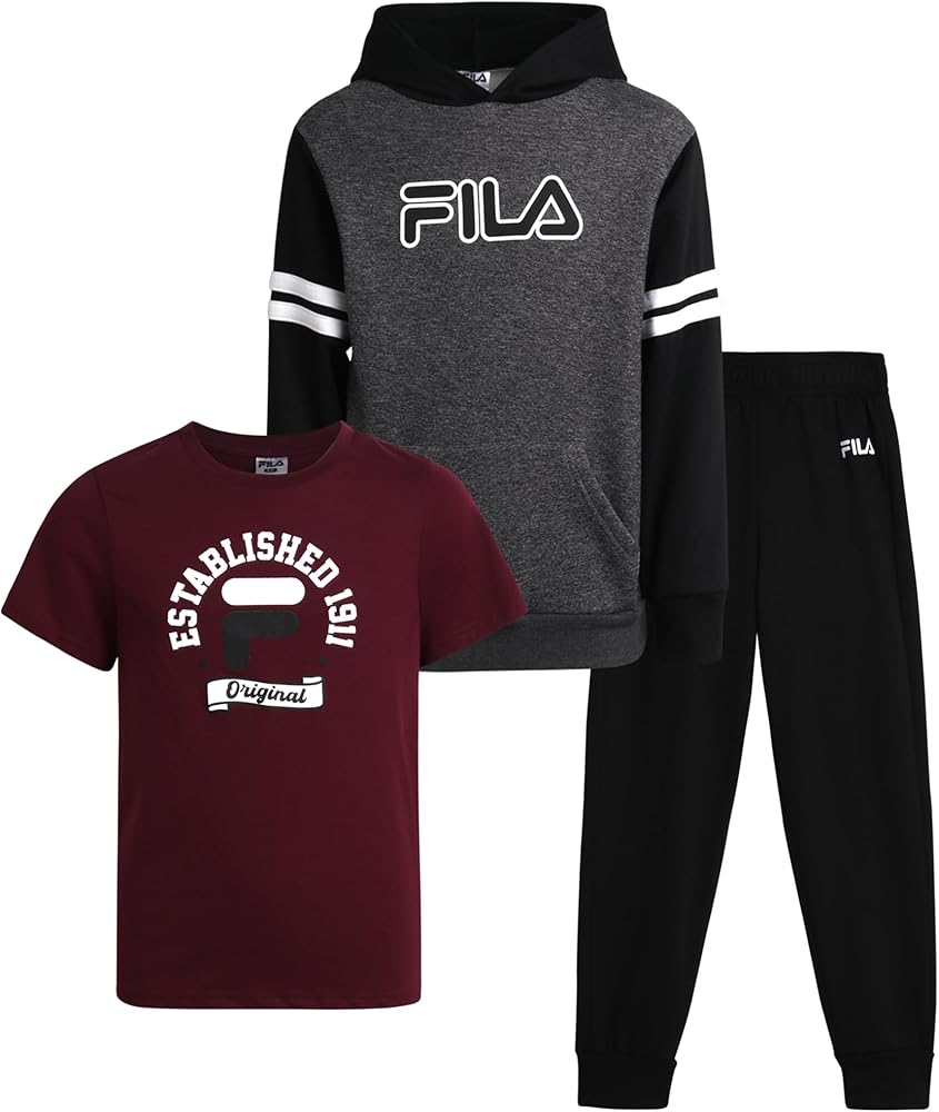 Fila Boys' Active Sweatsuit Set - 3 Piece Performance Hoodie Sweatshirt, Jogger Sweatpants, T-Shirt - Activewear Set (8-12)