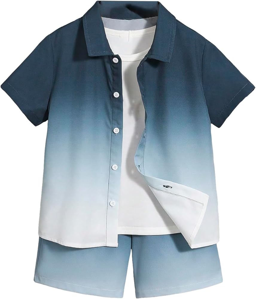 Verdusa Boy's 2 Piece Outfit Ombre Button Front Short Sleeve Shirt with Elastic Waist Shorts