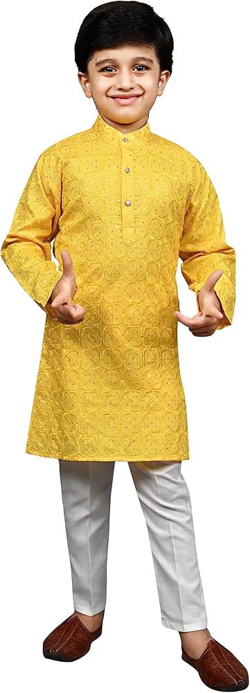 AHHAAAA Kid's Indian Ethnic Sequin Print Embroidery Mirror Work Kurta with Pajama for Boys 518