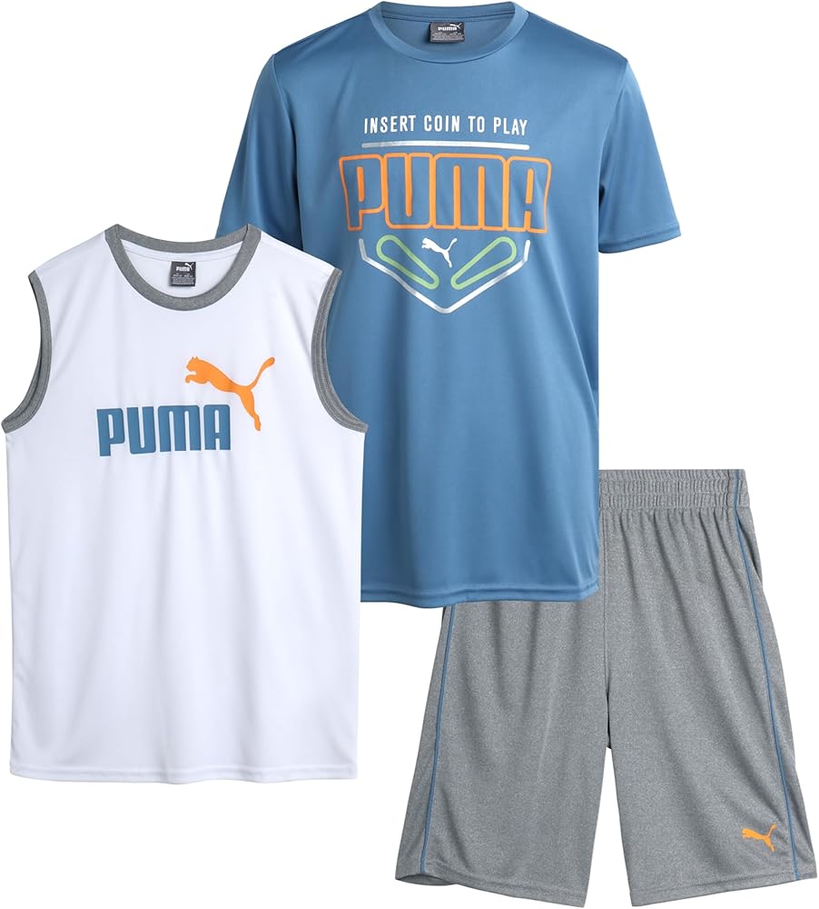 PUMA Boys' Active Shorts Set - 3 Piece Performance T-Shirt, Dry Fit Tank Top, and Gym Shorts - Activewear Set for Boys (S-L)