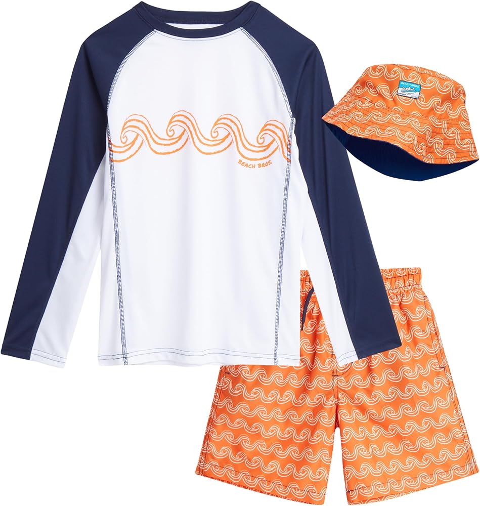 Boys' Rash Guard Swimwear Set - 3 Piece UPF 50+ Long Sleeve Rash Guard Shirt, Bathing Suit, Reversible Bucket Hat (5-14)