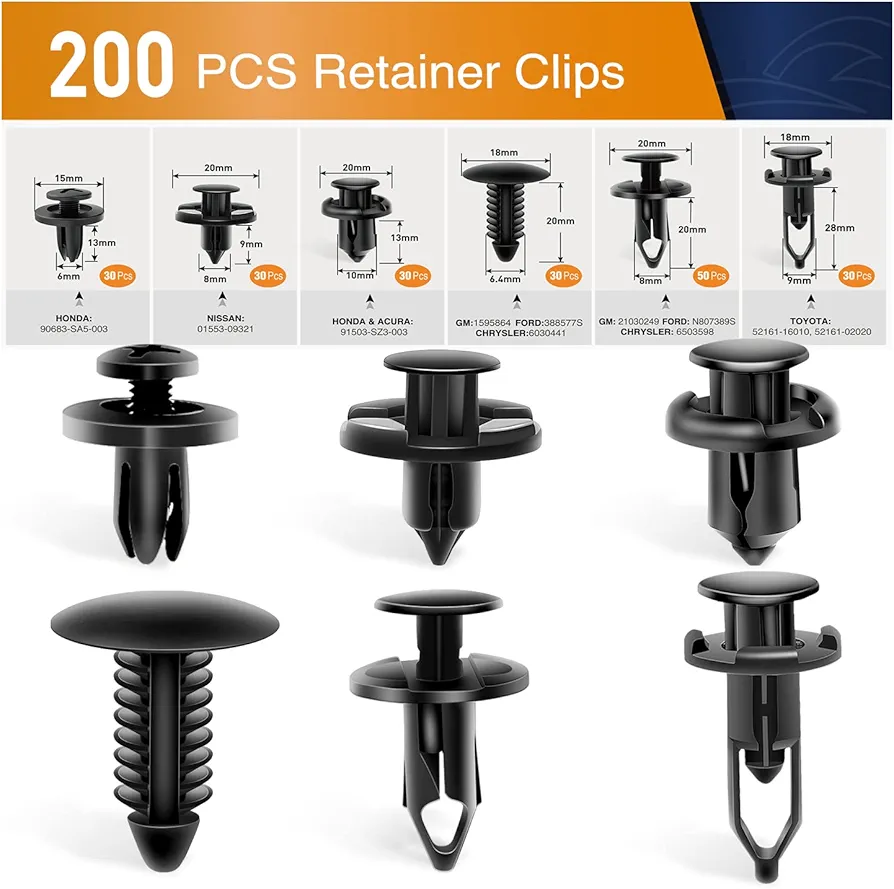 GOOACC Universal Plastic Fender Clips,200 Pcs Push Bumper Fastener Rivet Clips with 6 Size Auto Body Retainer Clips Bumpers,Car Fender Replacement for GM, Ford & Ch