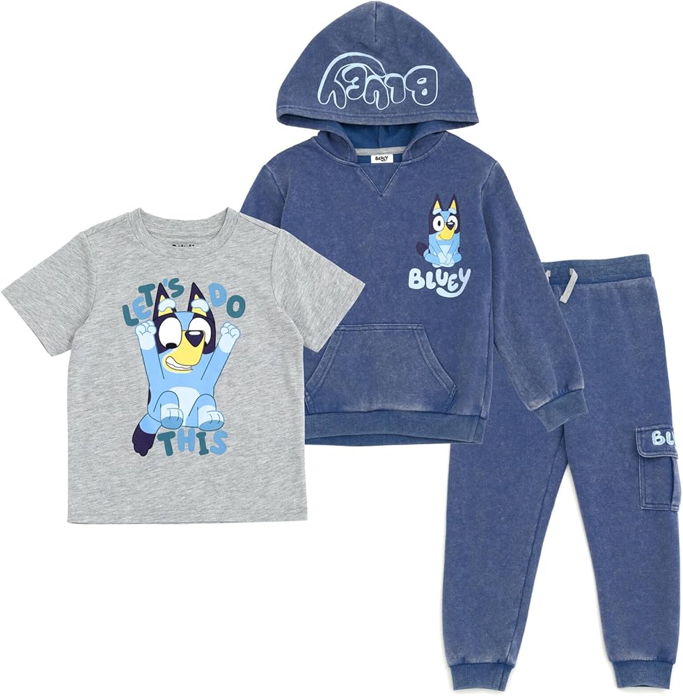 Bluey Fleece Waffle Knit Pullover Hoodie T-Shirt and Jogger Pants 3 Piece Outfit Set Toddler Sizes (2T - 5T)