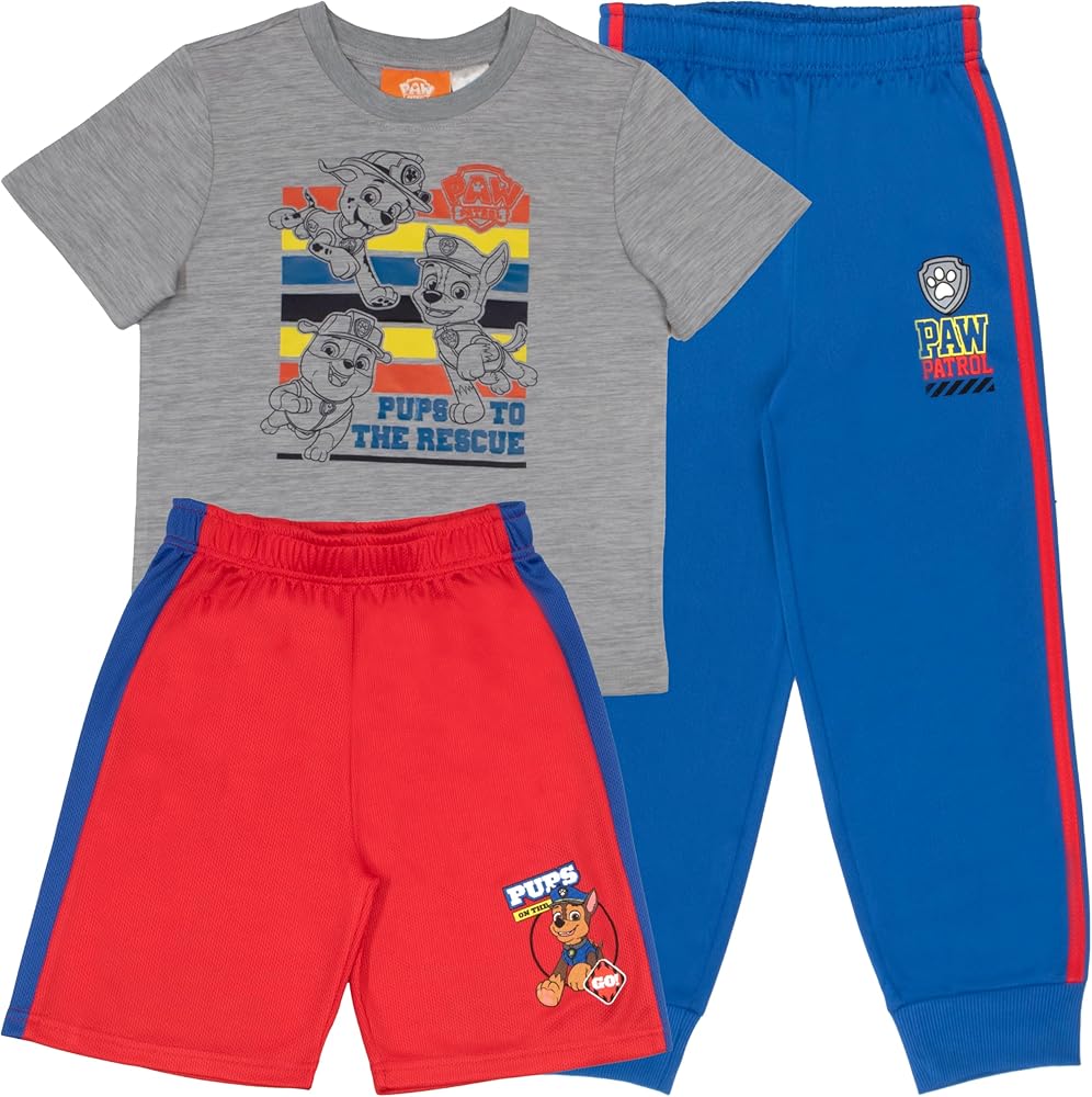 Nickelodeon Paw Patrol Pups To The Rescue Boys 3-Piece Set - Short Sleeve T-Shirt, Shorts, and Jogger Pants 3-Pack Bundle Set