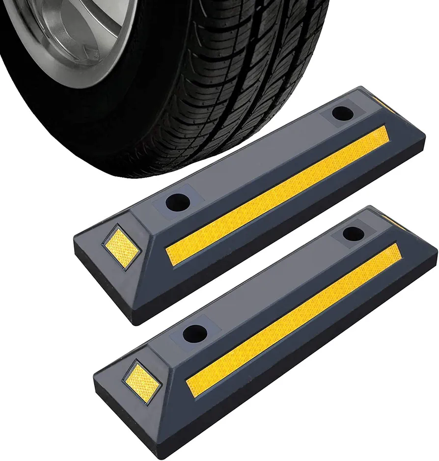 2 Pack Rubber Parking Guide Blocks Heavy Duty Wheel Stop Stoppers for Car Garage Parks Professional Grade Parking Rubber Curb w/Yellow Refective Stripes for Truck RV Trailer 21.25"(L)x5.7"(W)x3.54"(H)