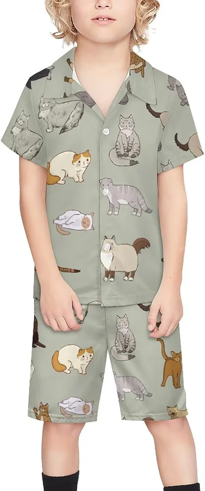 Cats Doodle Pattern Boy's Beach Suit Set Hawaiian Shirts and Shorts Short Sleeve 2 Piece Funny