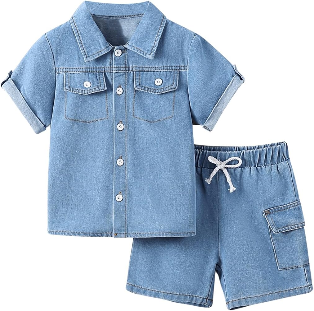 Boy's 2 Piece Summer Outfits Short Sleeve Collar Button Down Denim Shirt Tops and Shorts Set