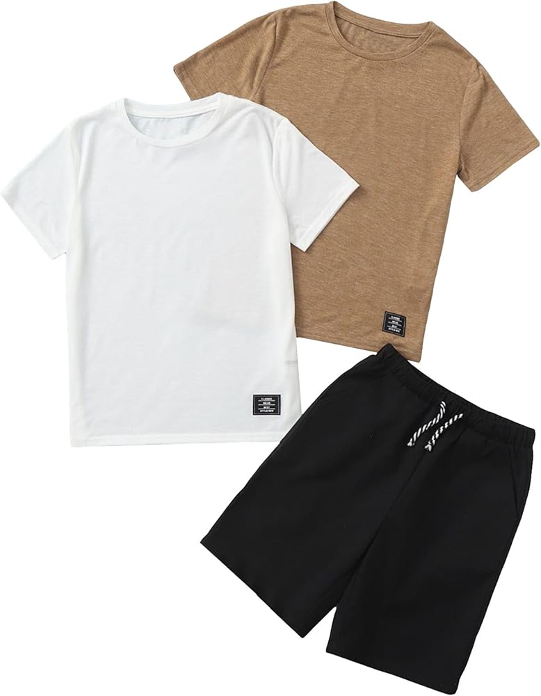 Floerns Boy's 3 Piece Patched Short Sleeve Tee Shirts Sets Drawstring Waist Shorts