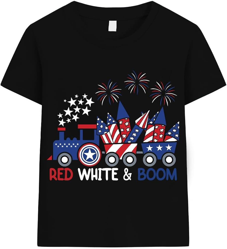 CM-Kid Boys American T-Shirt Kids Patriotic Train American Flag Tee Toddler Red White Blue for 4th of July Memorial Day 2-7T