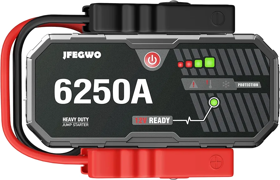 JFEGWO 6250A Jump Starter Battery Pack(for 13.0+L Gas or up to 13.0+L Diesel), 12V Potable Heavy Duty Car Battery Jump Starter 2 USB Port, 12V Auto Battery Booster Jump Box,48-Months Stand-by Time