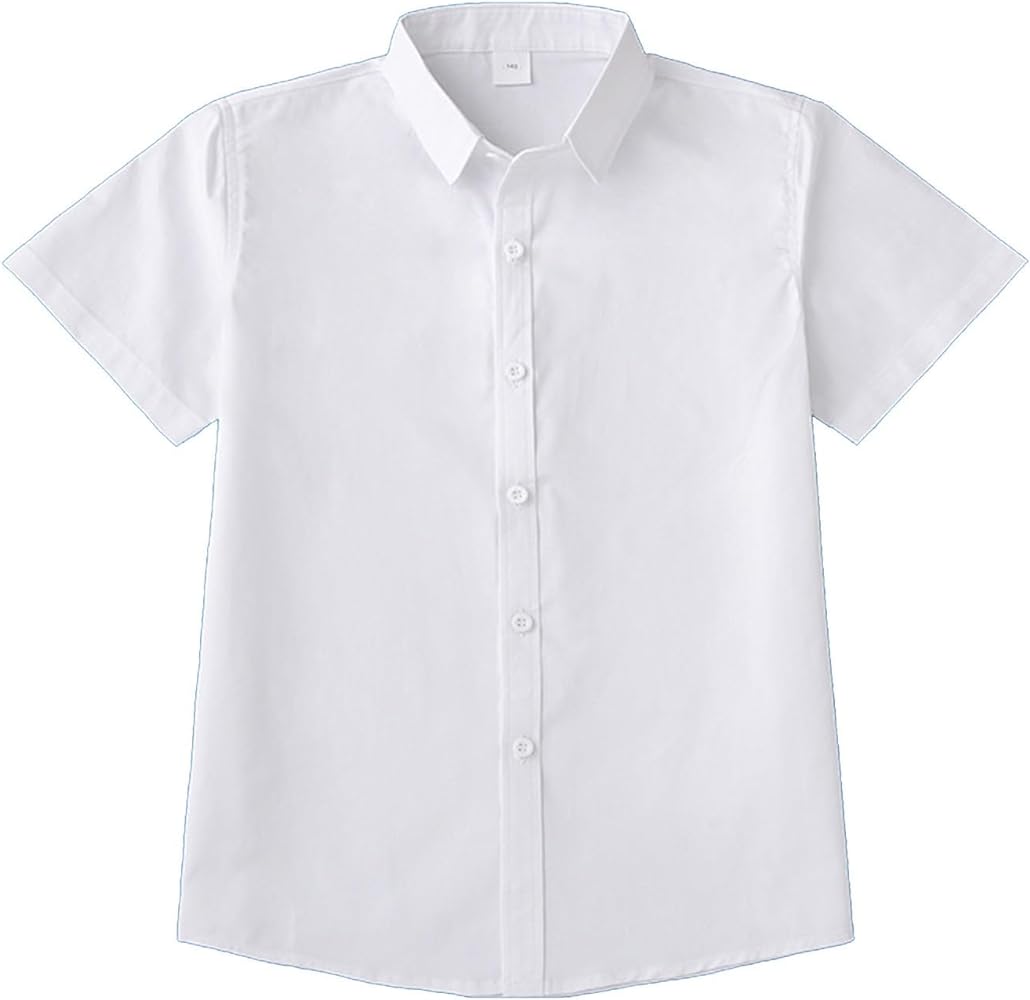 Boys' Short Sleeve Dress Shirts Classic Collared Button-Down Tshirt Solid Cotton Top with Chest Pocket