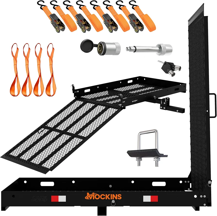 Mockins 500lb Cap. Folding Trailer Hitch Cargo Carrier Rack with Ramp |48"Lx28.5"Wx4.5"H Wheelchair Rack for Car |Heavy Duty Steel Mobility Scooter Carrier with Ramp | Wheelchair Carrier for Car Hitch