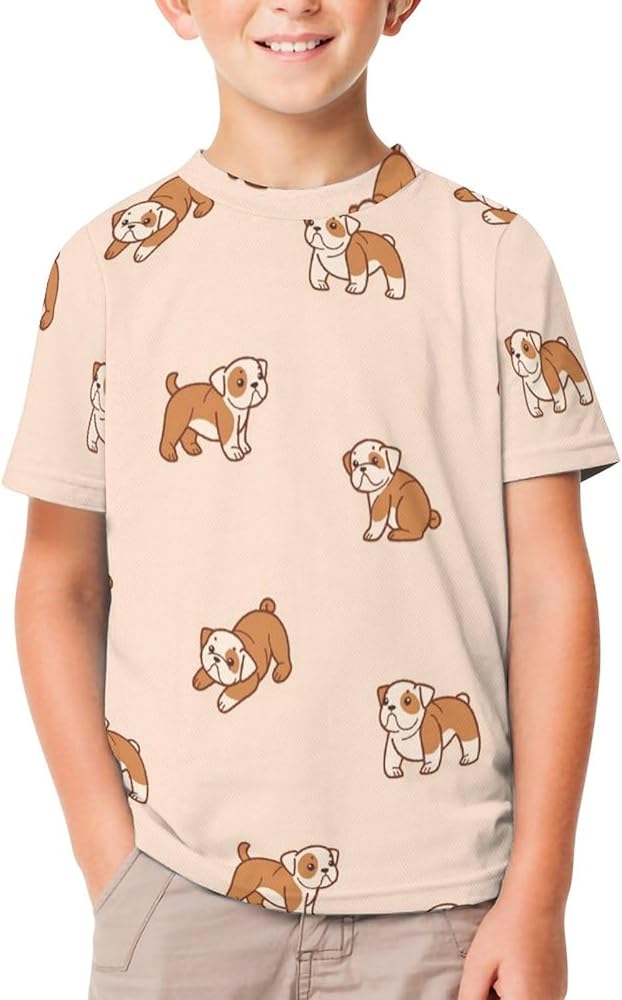 Cartoon Happy Bulldog Funny Short Sleeve T-Shirt Tops Crew Neck Shirts Printed Summer Tees for Boys Girls