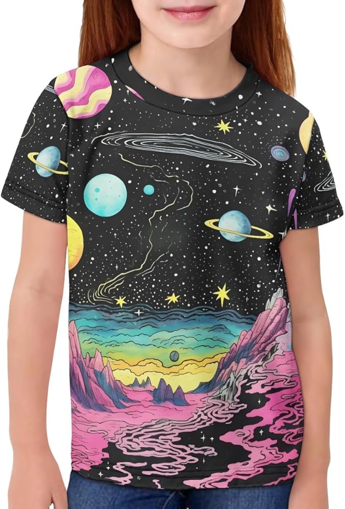 GLUDEAR Kids Tops Tees Girl Boy Novelty 3D Graphic O-Neck Short Sleeve Casual Pullover Blouse T-Shirt,Colorful Galaxy Planet,13-14