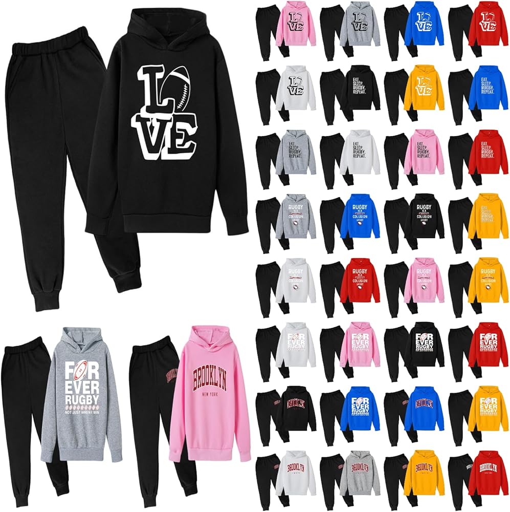 Sweatsuits Set For Boys, Rugby Letter Printed Hoodie And Solid Jogging Sweatpants 2 Piece Outfits Casual Tracksuit