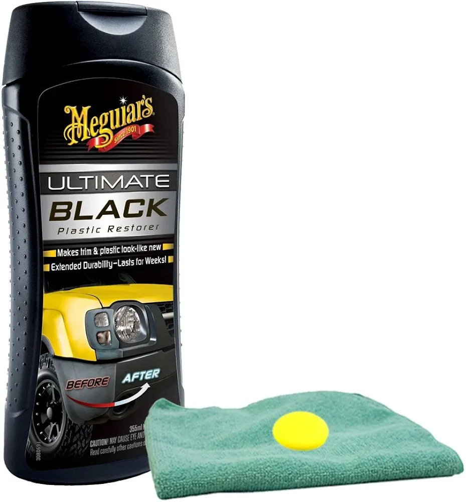 Meguiar's Ultimate Black Plastic Restorer (12 oz) Bundle with Microfiber Cloth & Foam Pad (3 Items)