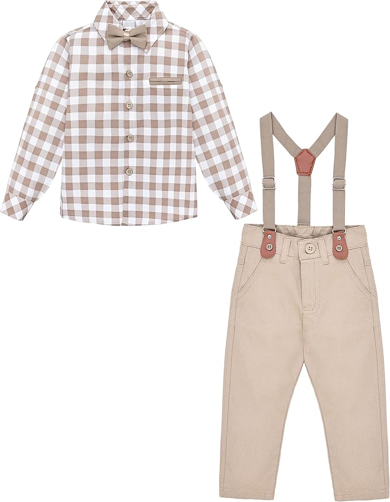 Lilax Boys Wedding Outfit, Toddler & Young Boys' Fashion Pant Set, Plaid Dress Shirt, Pants, Bowtie and Suspenders