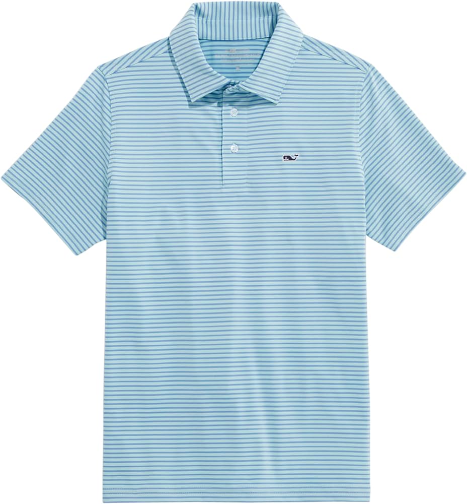 vineyard vines Boys' Bradley Sankaty Polo, Stripe Aqua Haze/Ocean Breeze Large