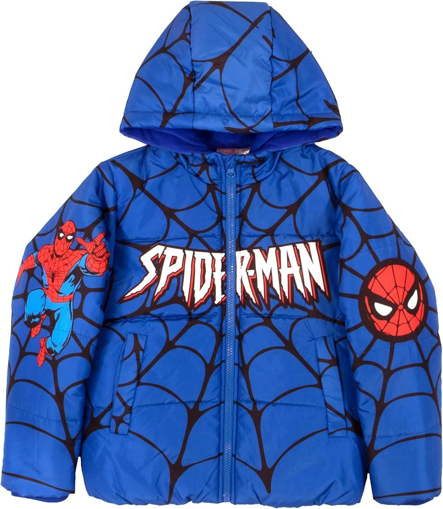 Marvel Winter Coat for Boys Spider-Man, Avengers Graphic Print Boys Puffer Winter Jacket for Big and Little Kids