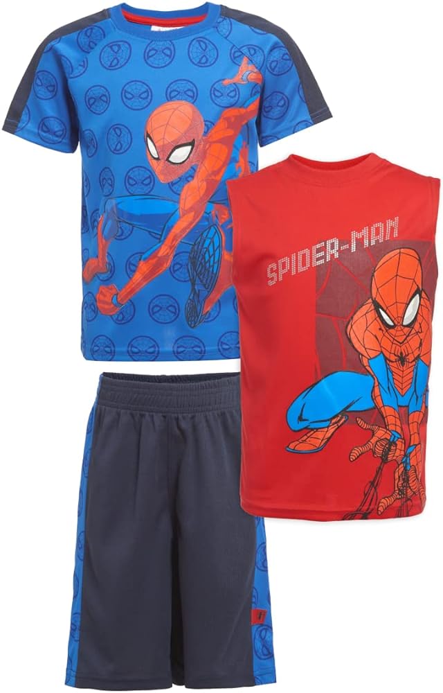 Marvel Avengers Spider-Man Black Panther Miles Morales Boys Superhero Short Sleeve T-Shirt, Tank Top and Mesh Shorts Set