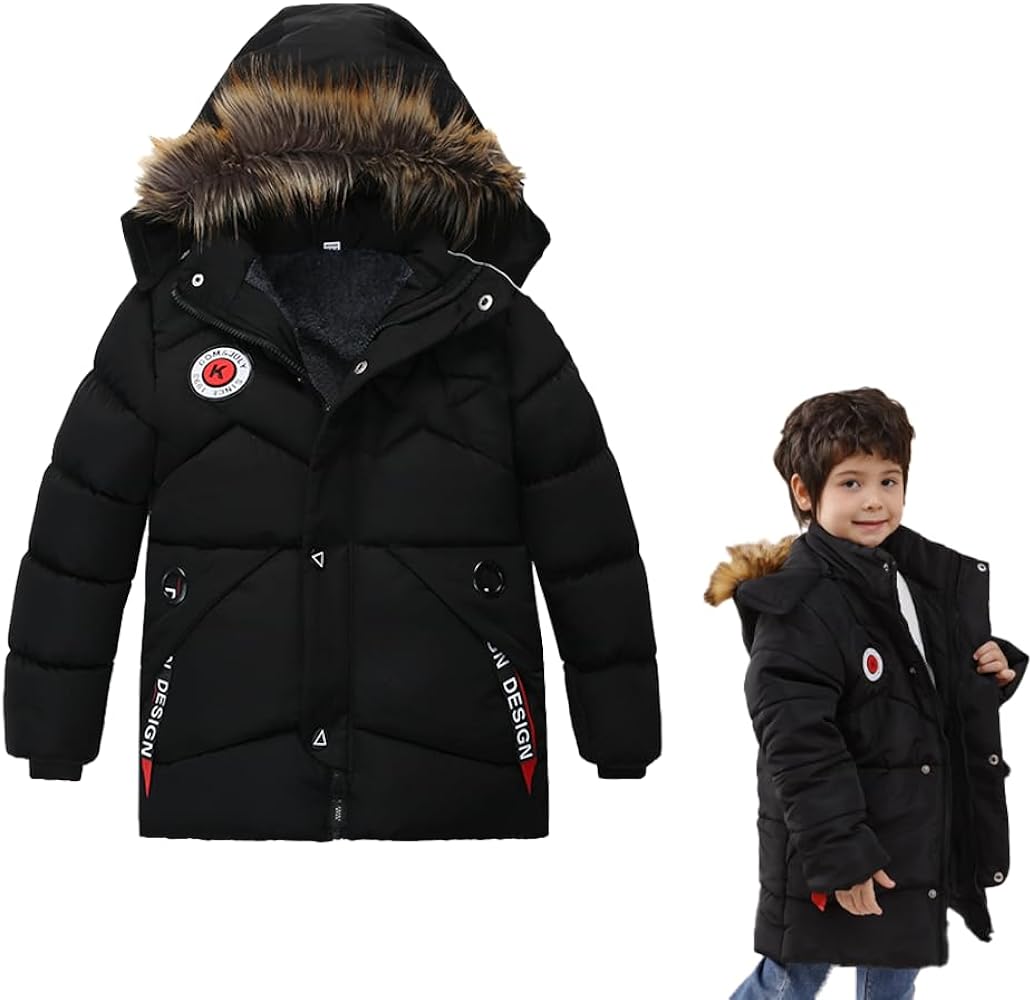 XIFAMNIY Boys Down Jacket Fur Collar Hood Thick Warm Winter Coat Parka Padded Outerwear 3-6T…