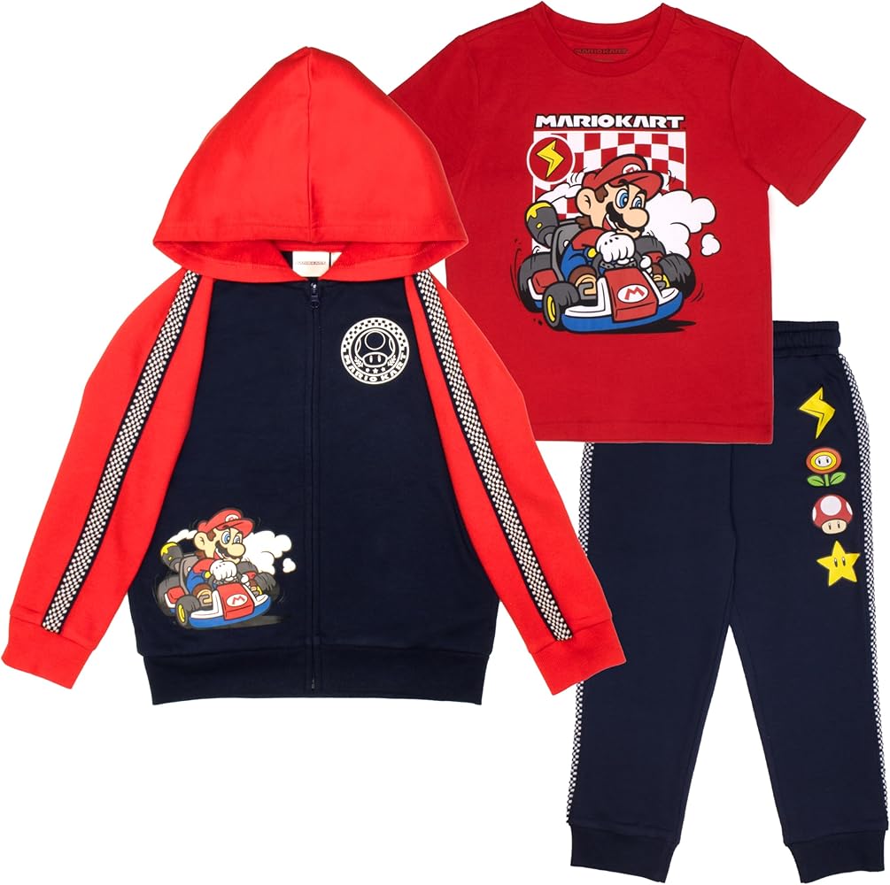 Nintendo Super Mario Video Game 3-Piece Set Boys Short Sleeve T-Shirt, Zip Up Hoodie, Jogger Pants 3-Pack Bundle Set