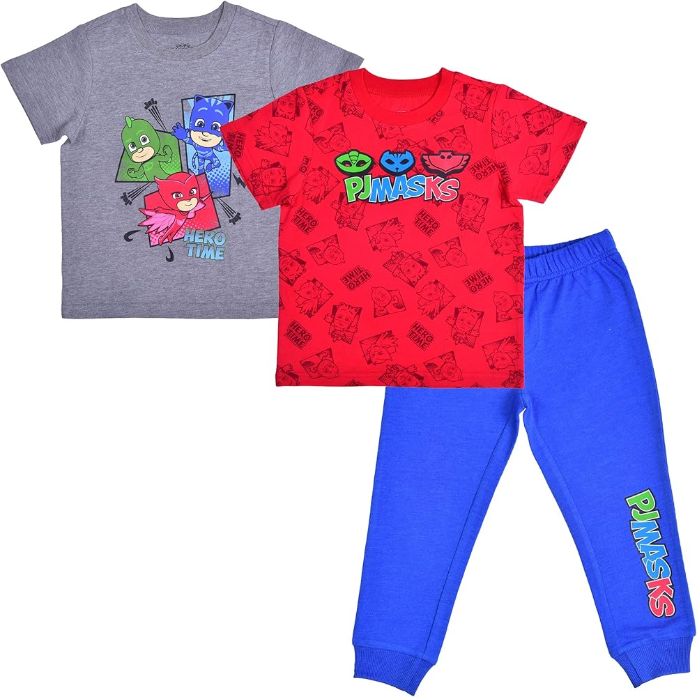 PJ Masks Boy's 3 Piece, Two T-Shirts and Jogger Sweatpants for Toddler and Little Kids- Blue/Red/Grey