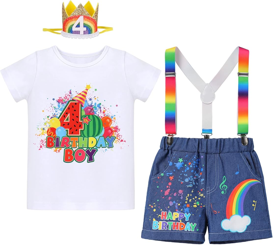 1st/2nd/3rd/4th/5th Birthday Outfit Boy Short Sleeve Romper/T-shirt+Rainbow Suspenders+Denim Shorts+Birthday Hat 4PCS Clothes