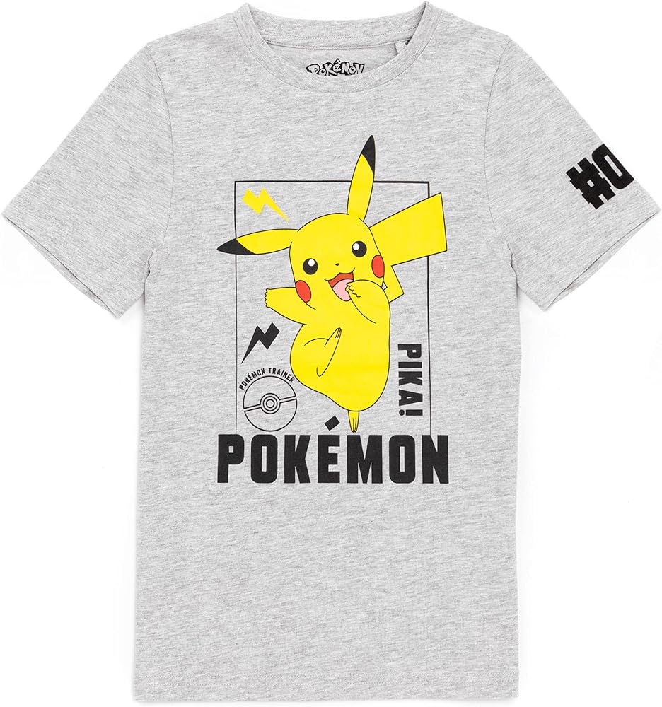 Pokemon T-Shirt Boys Kids Pikachu Character Game Grey Short Sleeve Top